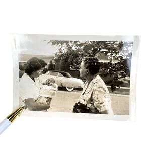 Vtg Mother & Grandmother with Newborn Baby Vehicle Behind Monochrome Photography